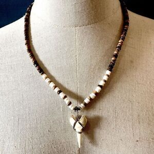 Shark tooth wood and shell beaded necklace